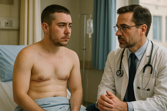 Doctor consulting patient in hospital room, FTM top surgery scars visible, Emisil context