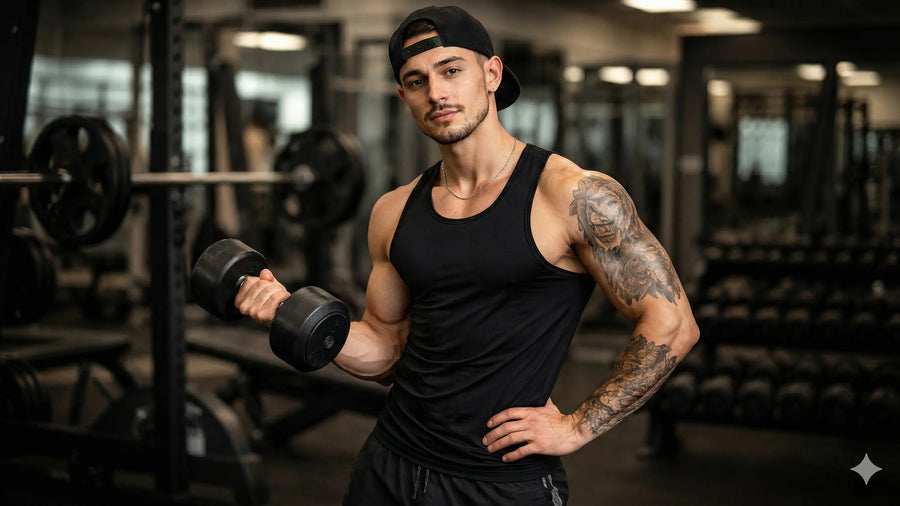 Athletic man with tattoos lifting a dumbbell in a gym – FTM fitness and building a male physique