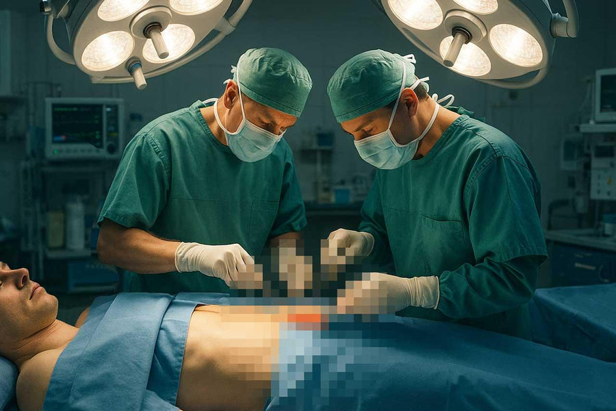 Surgeons in operating room performing gender affirmation surgery under bright surgical lights
