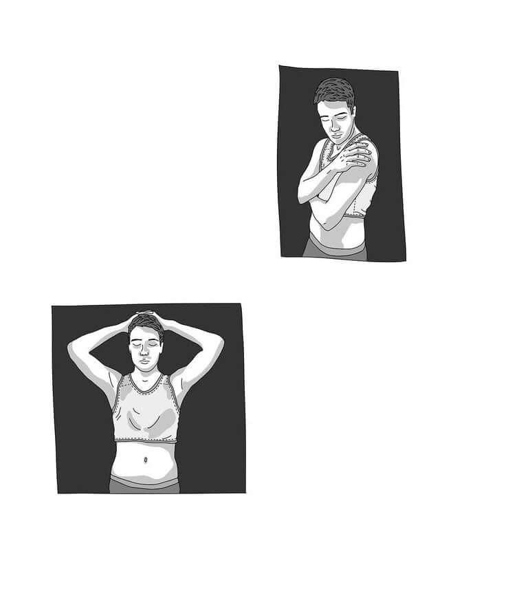 Illustration of person wearing chest binder, demonstrating comfort and confidence for Emisil FTM products