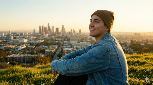 Young person sitting on a hill at sunset with the Los Angeles skyline in the background