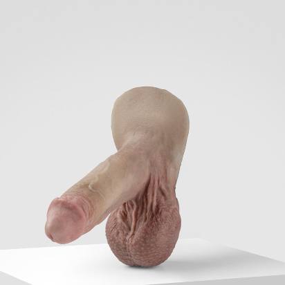 Realistic FTM silicone prosthetic displayed on a white stand – Emisil handmade penis prosthesis for transgender men, mobile view.