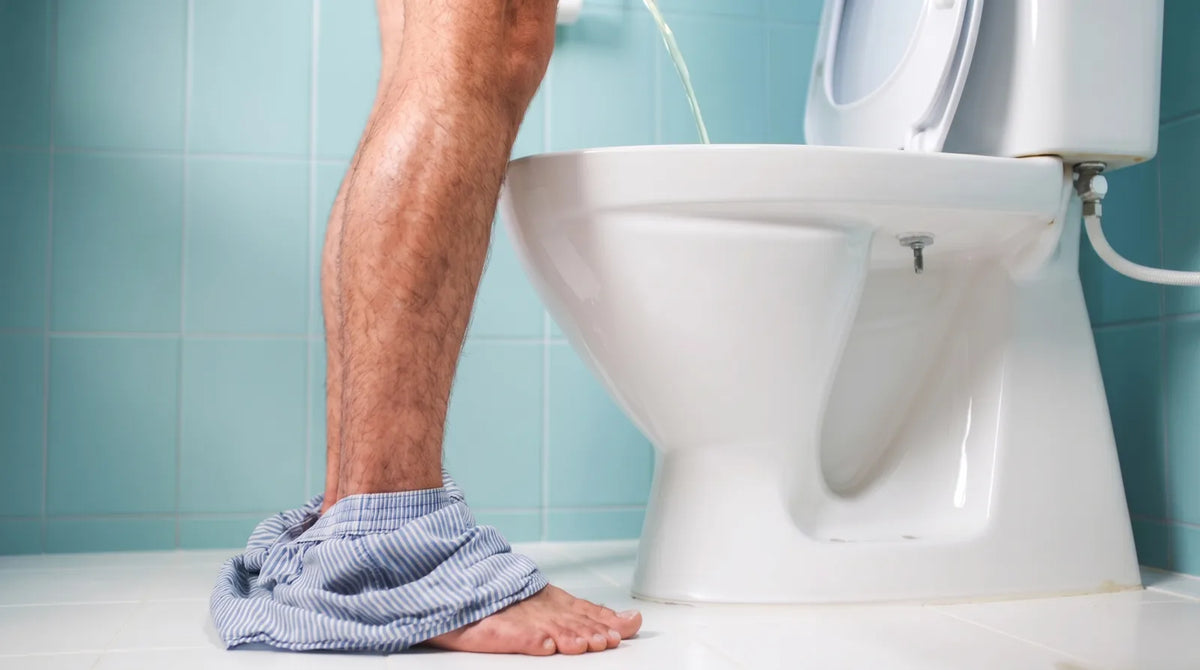 Person standing at a toilet to pee, illustrating stand-to-pee (STP) use